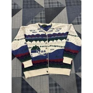 VTG Ugly Gramma‎ Core Winter Barn Scene Cardigan Sweater Mens Sz Large
